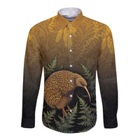 New Zealand Kiwi Bird Long Sleeve Button Shirt Silver Fern Mix Maori Pattern LT05 Unisex Brown - Polynesian Pride