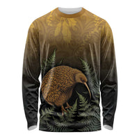 New Zealand Kiwi Bird Long Sleeve Shirt Silver Fern Mix Maori Pattern LT05 Unisex Brown - Polynesian Pride