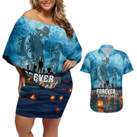 Hawaii Memorial Day Lantern Floating Couples Matching Off Shoulder Short Dress and Hawaiian Shirt Always In Our Hearts LT05 Blue - Polynesian Pride