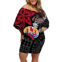 Tahiti Heiva Festival Off Shoulder Short Dress Floral Pattern With Coat Of Arms LT05 Women Black - Polynesian Pride