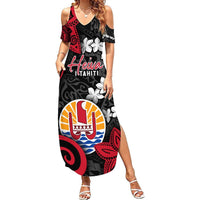 Tahiti Heiva Festival Summer Maxi Dress Floral Pattern With Coat Of Arms LT05 Women Black - Polynesian Pride