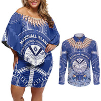 Marshall Islands Jemenei Day Couples Matching Off Shoulder Short Dress and Long Sleeve Button Shirt Polynesian Tribal Tattoo Seashell Necklace