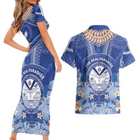 Marshall Islands Jemenei Day Couples Matching Short Sleeve Bodycon Dress and Hawaiian Shirt Polynesian Tribal Tattoo Seashell Necklace