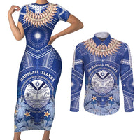 Marshall Islands Jemenei Day Couples Matching Short Sleeve Bodycon Dress and Long Sleeve Button Shirt Polynesian Tribal Tattoo Seashell Necklace