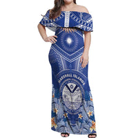 Marshall Islands Jemenei Day Off Shoulder Maxi Dress Polynesian Tribal Tattoo Seashell Necklace LT05 Women Blue - Polynesian Pride