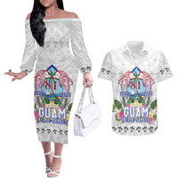 Guam Chamorro Liberation Day Couples Matching Off The Shoulder Long Sleeve Dress and Hawaiian Shirt 82nd Anniversary LT05 White - Polynesian Pride