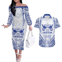 Northern Mariana Islands Liberation Day Couples Matching Off The Shoulder Long Sleeve Dress and Hawaiian Shirt 79th Anniversary
