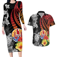 French Polynesia Bastille Day Couples Matching Long Sleeve Bodycon Dress and Hawaiian Shirt Tropical Turtle Hibiscus Polynesian Pattern LT05 Black - Polynesian Pride