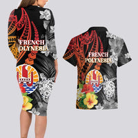 French Polynesia Bastille Day Couples Matching Long Sleeve Bodycon Dress and Hawaiian Shirt Tropical Turtle Hibiscus Polynesian Pattern LT05 - Polynesian Pride