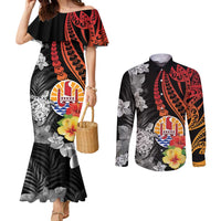 French Polynesia Bastille Day Couples Matching Mermaid Dress and Long Sleeve Button Shirt Tropical Turtle Hibiscus Polynesian Pattern LT05 Black - Polynesian Pride