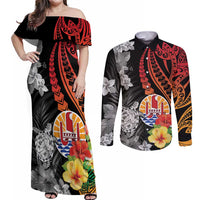 French Polynesia Bastille Day Couples Matching Off Shoulder Maxi Dress and Long Sleeve Button Shirt Tropical Turtle Hibiscus Polynesian Pattern LT05 Black - Polynesian Pride
