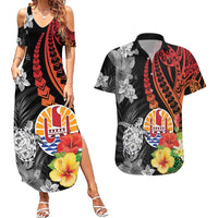 French Polynesia Bastille Day Couples Matching Summer Maxi Dress and Hawaiian Shirt Tropical Turtle Hibiscus Polynesian Pattern LT05 Black - Polynesian Pride
