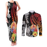 French Polynesia Bastille Day Couples Matching Tank Maxi Dress and Long Sleeve Button Shirt Tropical Turtle Hibiscus Polynesian Pattern LT05 Black - Polynesian Pride
