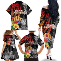 French Polynesia Bastille Day Family Matching Off The Shoulder Long Sleeve Dress and Hawaiian Shirt Tropical Turtle Hibiscus Polynesian Pattern