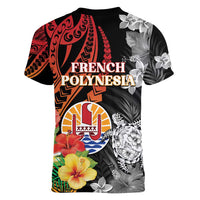 French Polynesia Bastille Day Women V-Neck T-Shirt Tropical Turtle Hibiscus Polynesian Pattern