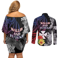 Wallis and Futuna Bastille Day Couples Matching Off Shoulder Short Dress and Long Sleeve Button Shirt Tropical Turtle Hibiscus Polynesian Pattern