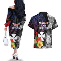 Wallis and Futuna Bastille Day Couples Matching Off The Shoulder Long Sleeve Dress and Hawaiian Shirt Tropical Turtle Hibiscus Polynesian Pattern