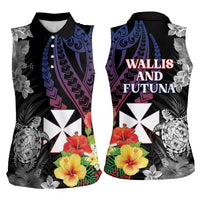 Wallis and Futuna Bastille Day Women Sleeveless Polo Shirt Tropical Turtle Hibiscus Polynesian Pattern