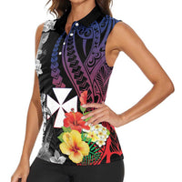 Wallis and Futuna Bastille Day Women Sleeveless Polo Shirt Tropical Turtle Hibiscus Polynesian Pattern