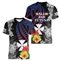 Wallis and Futuna Bastille Day Women V-Neck T-Shirt Tropical Turtle Hibiscus Polynesian Pattern