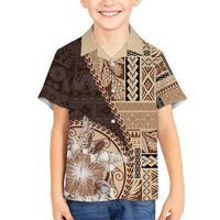 Samoa Siapo Elegant Family Matching Off Shoulder Short Dress and Hawaiian Shirt Hibiscus Chocolate Brown Motifs - Polynesian Pride