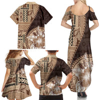 Samoa Siapo Elegant Family Matching Summer Maxi Dress and Hawaiian Shirt Hibiscus Chocolate Brown Motifs - Polynesian Pride