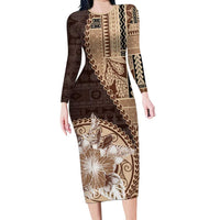 Samoa Siapo Elegant Long Sleeve Bodycon Dress Hibiscus Chocolate Brown Motifs LT05 Long Dress Brown - Polynesian Pride