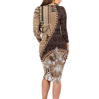 Samoa Siapo Elegant Long Sleeve Bodycon Dress Hibiscus Chocolate Brown Motifs LT05 - Polynesian Pride