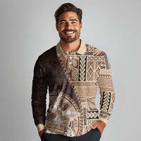 Samoa Siapo Elegant Long Sleeve Polo Shirt Hibiscus Chocolate Brown Motifs - Polynesian Pride