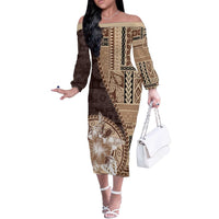 Samoa Siapo Elegant Off The Shoulder Long Sleeve Dress Hibiscus Chocolate Brown Motifs - Polynesian Pride