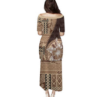 Samoa Siapo Elegant Puletasi Hibiscus Chocolate Brown Motifs - Polynesian Pride