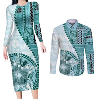 Samoa Siapo Elegant Couples Matching Long Sleeve Bodycon Dress and Long Sleeve Button Shirt Hibiscus Teal Motifs LT05 Teal - Polynesian Pride