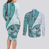 Samoa Siapo Elegant Couples Matching Long Sleeve Bodycon Dress and Long Sleeve Button Shirt Hibiscus Teal Motifs LT05 - Polynesian Pride