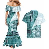 Samoa Siapo Elegant Couples Matching Mermaid Dress and Hawaiian Shirt Hibiscus Teal Motifs - Polynesian Pride