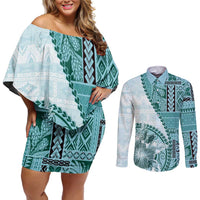 Samoa Siapo Elegant Couples Matching Off Shoulder Short Dress and Long Sleeve Button Shirt Hibiscus Teal Motifs LT05 Teal - Polynesian Pride