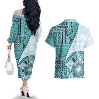 Samoa Siapo Elegant Couples Matching Off The Shoulder Long Sleeve Dress and Hawaiian Shirt Hibiscus Teal Motifs - Polynesian Pride
