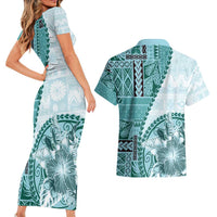 Samoa Siapo Elegant Couples Matching Short Sleeve Bodycon Dress and Hawaiian Shirt Hibiscus Teal Motifs - Polynesian Pride