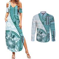 Samoa Siapo Elegant Couples Matching Summer Maxi Dress and Long Sleeve Button Shirt Hibiscus Teal Motifs LT05 Teal - Polynesian Pride