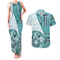 Samoa Siapo Elegant Couples Matching Tank Maxi Dress and Hawaiian Shirt Hibiscus Teal Motifs - Polynesian Pride