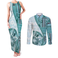 Samoa Siapo Elegant Couples Matching Tank Maxi Dress and Long Sleeve Button Shirt Hibiscus Teal Motifs LT05 Teal - Polynesian Pride