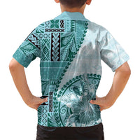 Samoa Siapo Elegant Family Matching Long Sleeve Bodycon Dress and Hawaiian Shirt Hibiscus Teal Motifs - Polynesian Pride