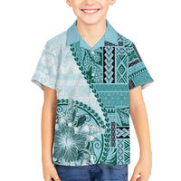 Samoa Siapo Elegant Family Matching Off The Shoulder Long Sleeve Dress and Hawaiian Shirt Hibiscus Teal Motifs - Polynesian Pride