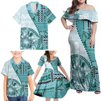 Samoa Siapo Elegant Family Matching Off Shoulder Maxi Dress and Hawaiian Shirt Hibiscus Teal Motifs - Polynesian Pride