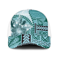 Samoa Siapo Elegant Mesh Trucker Cap Hibiscus Teal Motifs LT05 One Size White Teal - Polynesian Pride