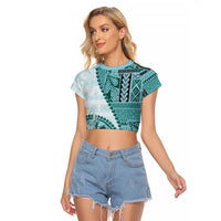 Samoa Siapo Elegant Raglan Cropped T Shirt Hibiscus Teal Motifs - Polynesian Pride