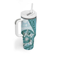 Samoa Siapo Elegant Tumbler With Handle Hibiscus Teal Motifs - Polynesian Pride