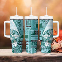 Samoa Siapo Elegant Tumbler With Handle Hibiscus Teal Motifs - Polynesian Pride