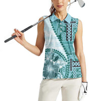 Samoa Siapo Elegant Women Sleeveless Polo Shirt Hibiscus Teal Motifs LT05 - Polynesian Pride