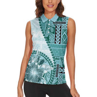 Samoa Siapo Elegant Women Sleeveless Polo Shirt Hibiscus Teal Motifs LT05 - Polynesian Pride