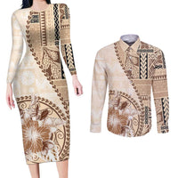 Samoa Siapo Elegant Couples Matching Long Sleeve Bodycon Dress and Long Sleeve Button Shirt Hibiscus Beige Motifs LT05 Beige - Polynesian Pride